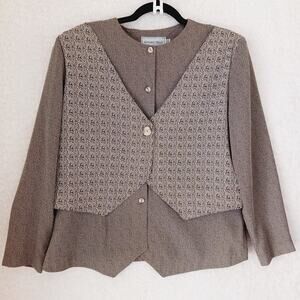 Jacket Vest Women Howard Wolf Brown Tan Tweed Button-Up Unlined Adj Back Size 14